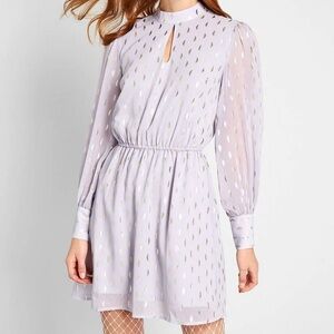 Modcloth S Chiffon Of You Mini Dress Lavender Gold Mock Neck Keyhole Long Sleeve